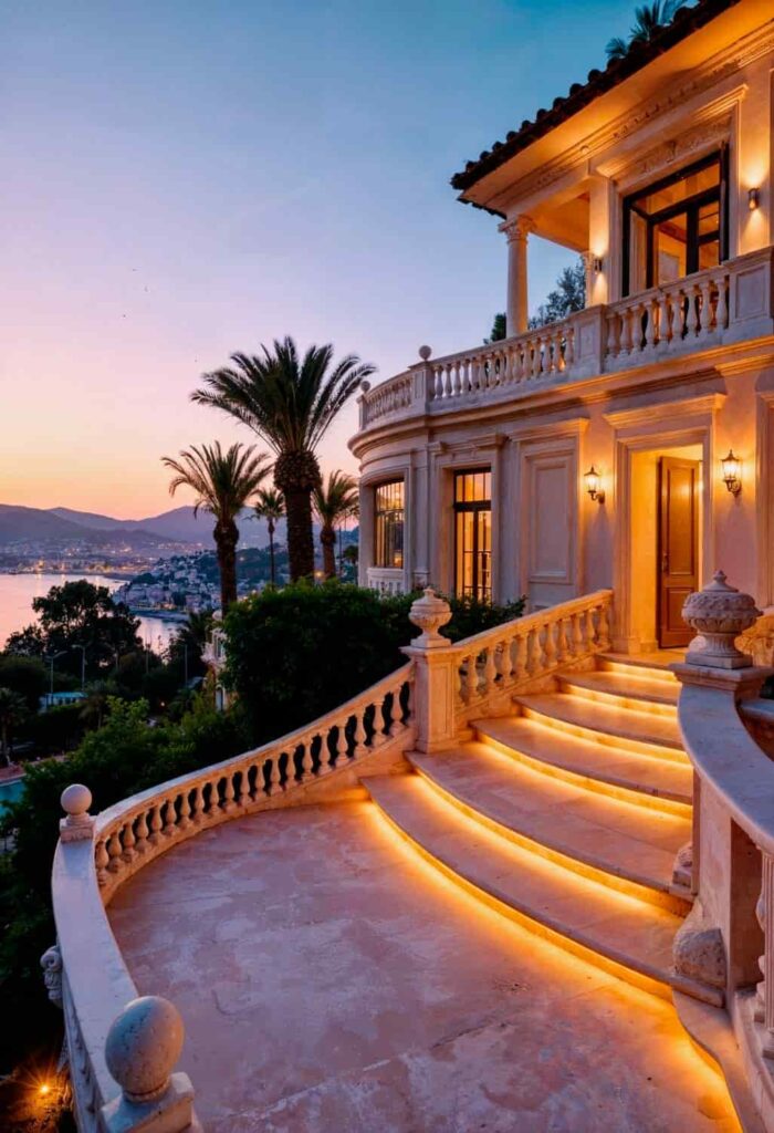 Elegant villa at sunset, with curved stairs illuminated by warm lights. Palms surround the property, overlooking a tranquil bay and distant hills.